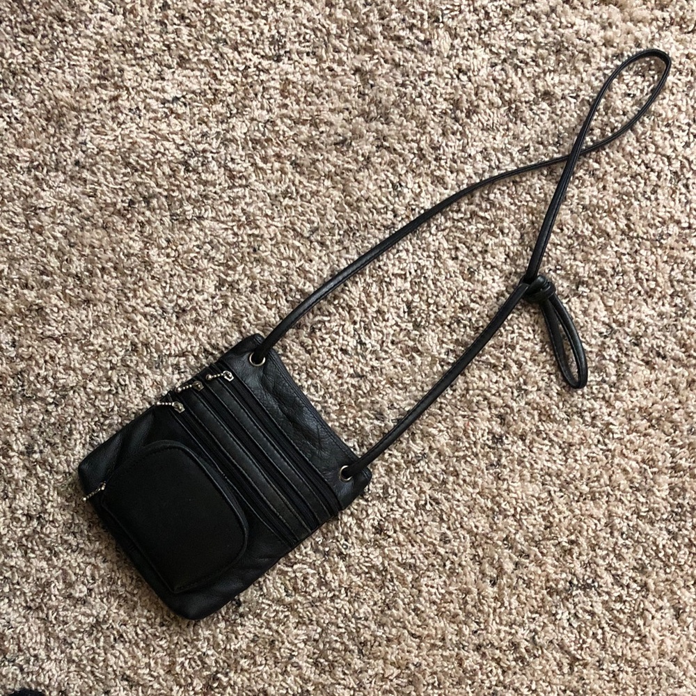 Black Leather Crossbody Bag 5 zipper compartment safe for travel